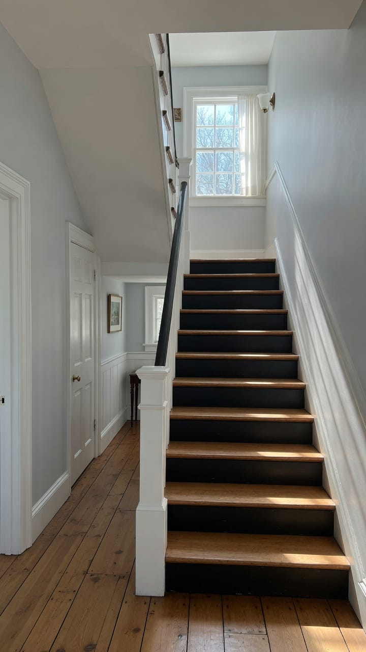 Painted colonial staircase hall in MetroWest MA, oak treads, morning landing light, no people