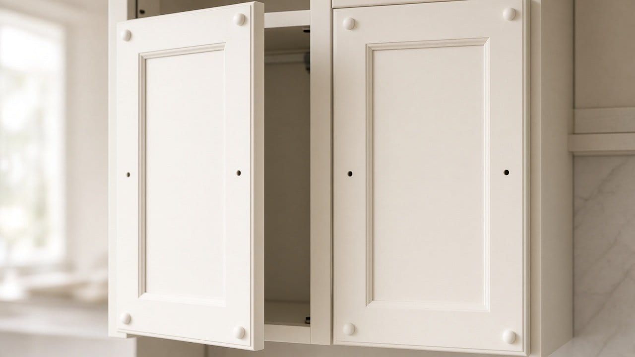 Freshly painted off-white cabinet doors hung slightly ajar with corner bumpers, hardware not yet fitted