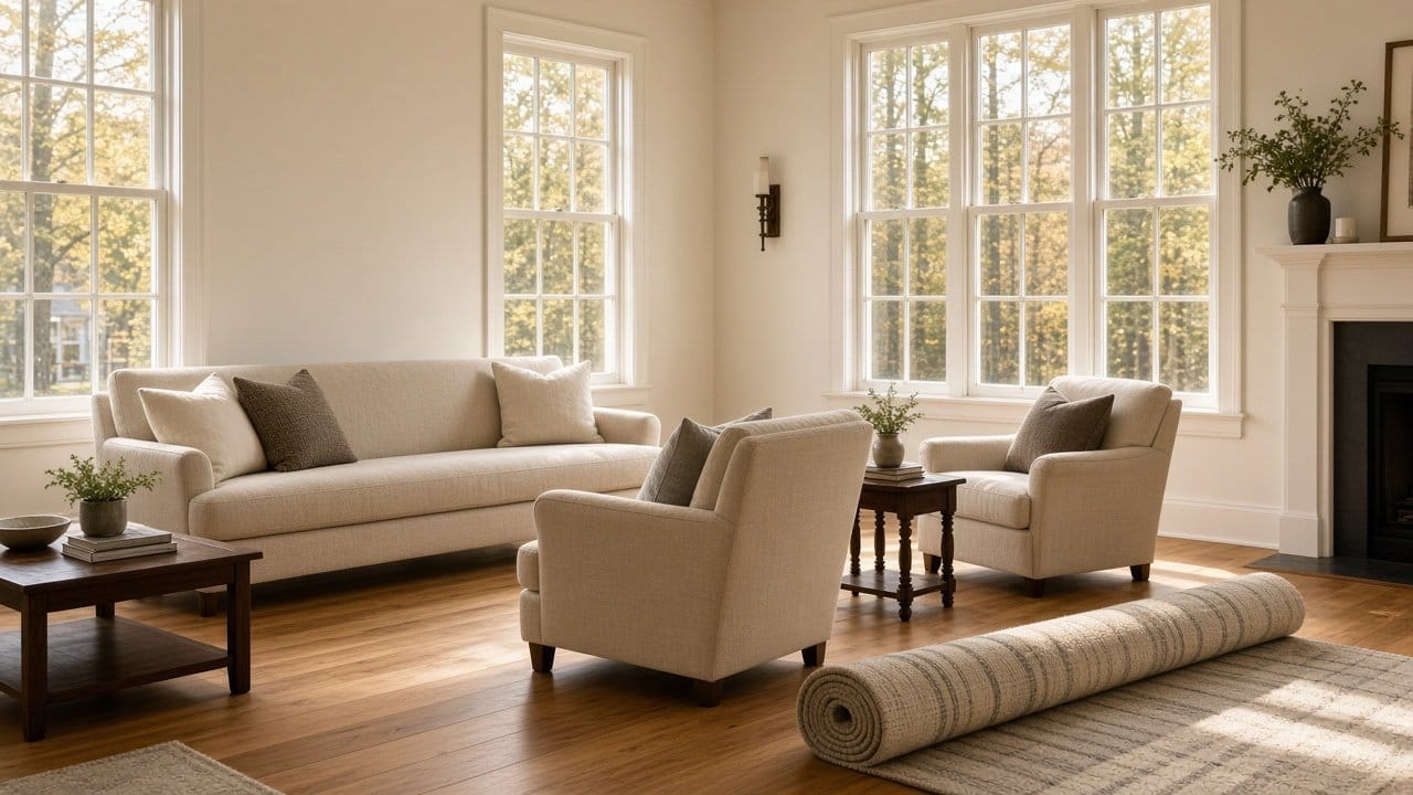 Freshly painted Holliston MA living room with furniture pulled a few inches off the walls