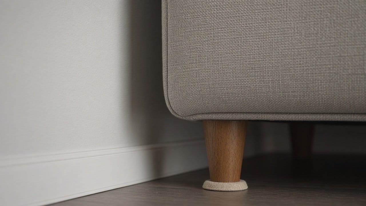 Sofa corner standing a hand's width from a freshly painted pale wall with felt pad under the leg
