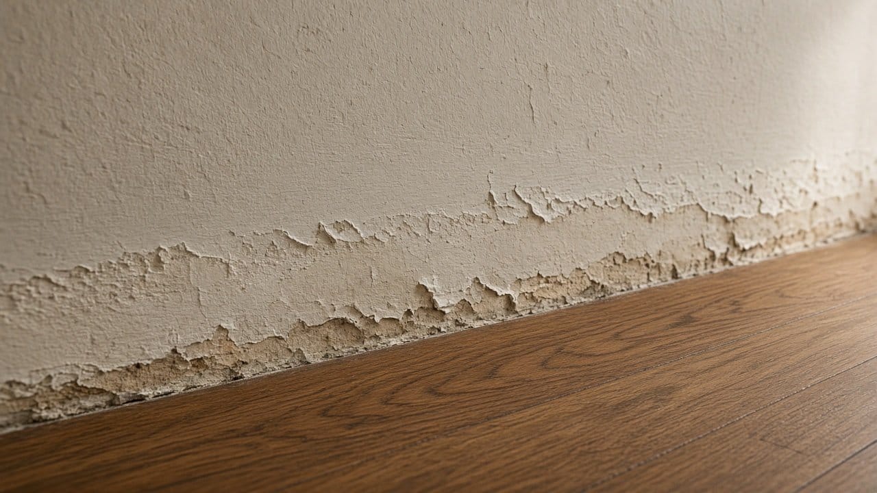 Wall base with baseboard removed showing old paint line above new hardwood in a Wellesley MA home