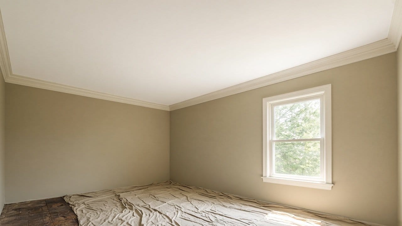 Freshly painted white ceiling above unpainted walls in a Framingham MA dining room, old floor under drop cloths