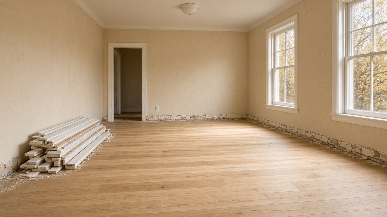 New oak flooring installed with baseboards removed and walls unpainted in a Natick MA colonial