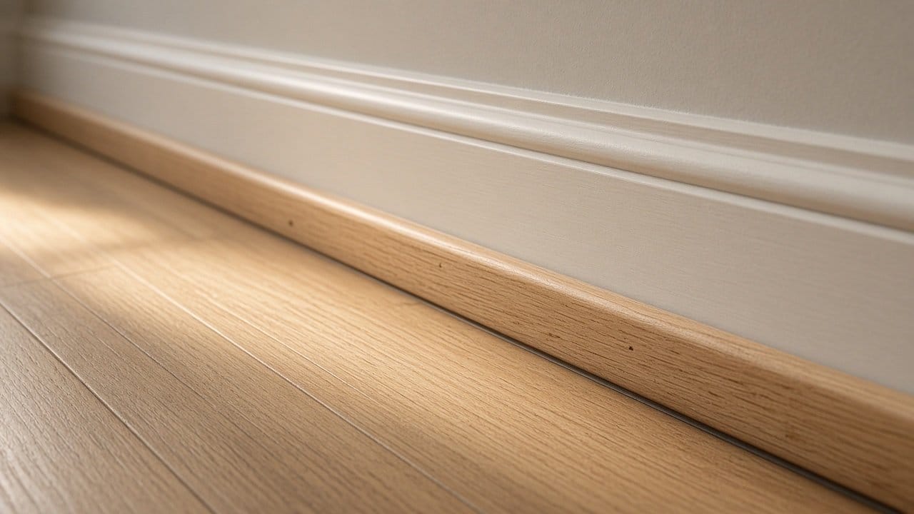 New quarter round meeting oak flooring and painted baseboard in an Ashland MA home, crisp caulk line