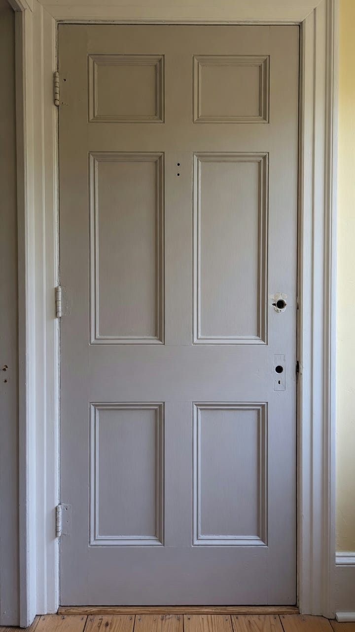Six-panel interior door in a Holliston colonial hall, hardware off, morning raking light
