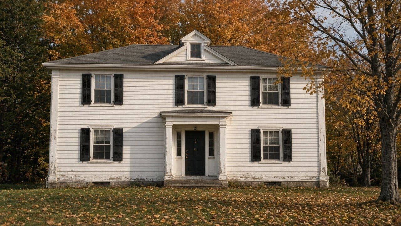 Weathered painted trim on a Holliston MA colonial in October light, corner board soft at the base