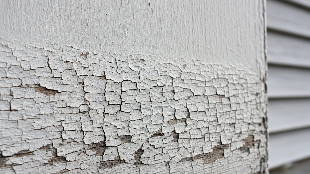 Softened wood at the base of a painted corner board on a Medfield MA colonial, October light