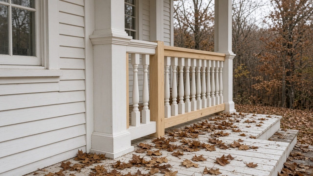 New unpainted pine trim boards on a New England porch beside older painted trim in late autumn