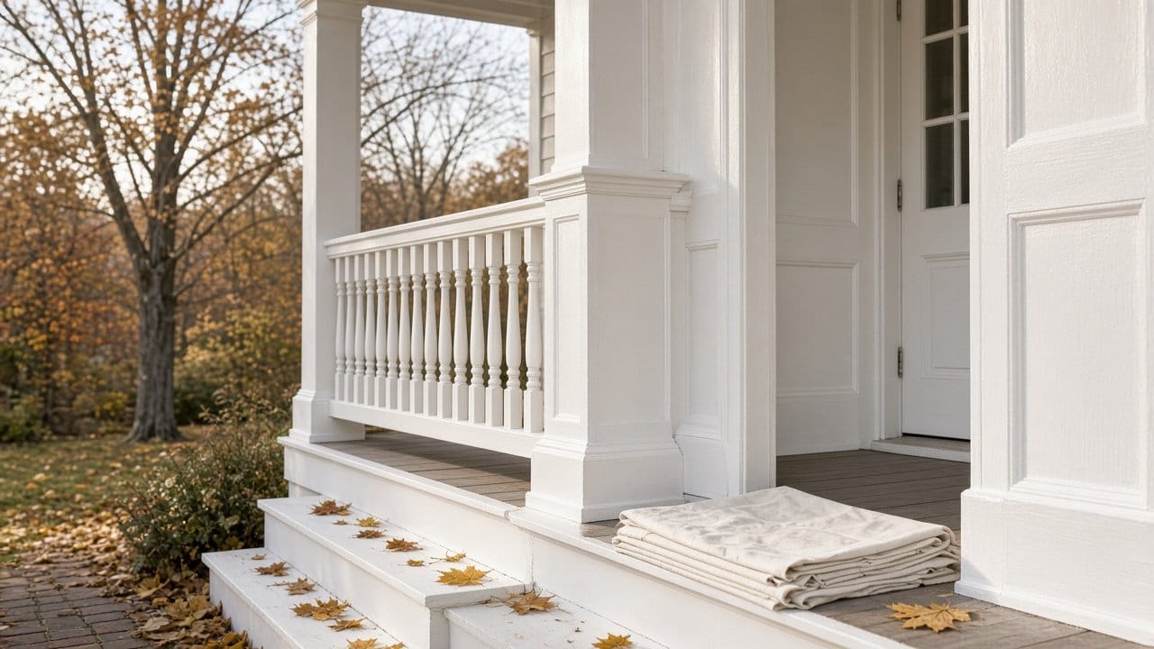 Freshly primed white porch trim and rail on a Massachusetts colonial in late autumn light