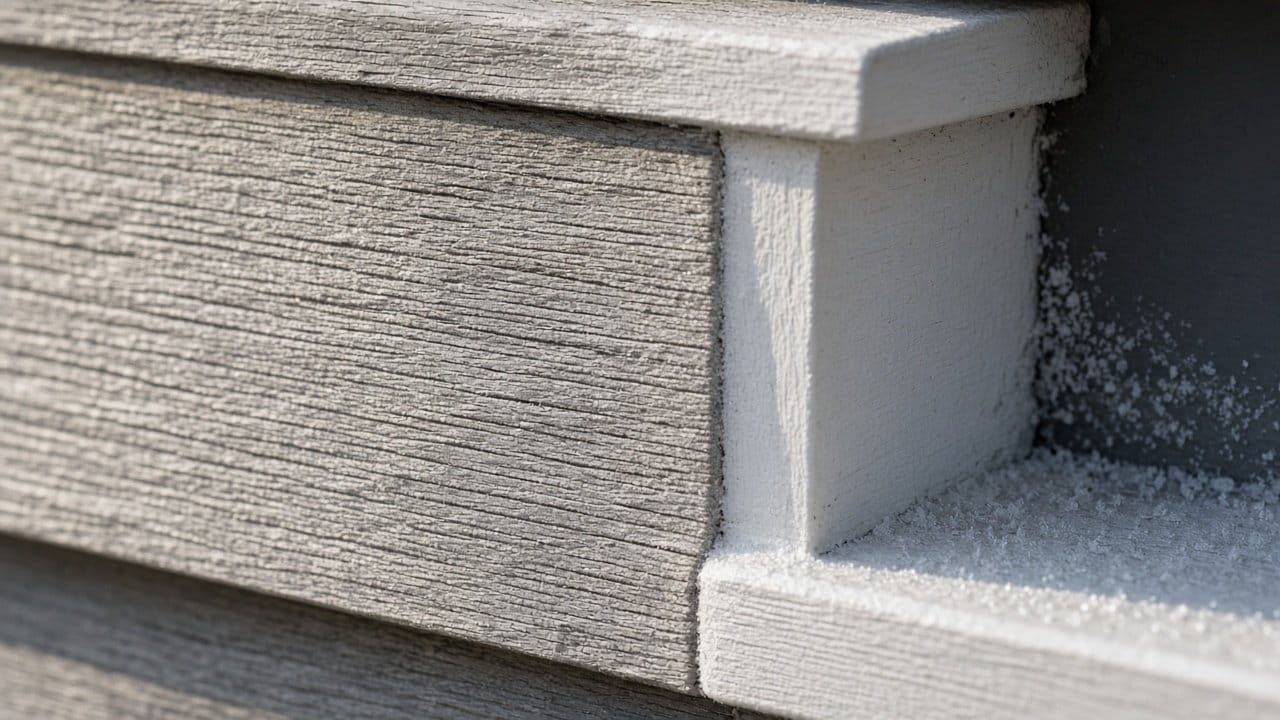 Unpainted trim board turning gray from weathering on a New England porch in early winter light