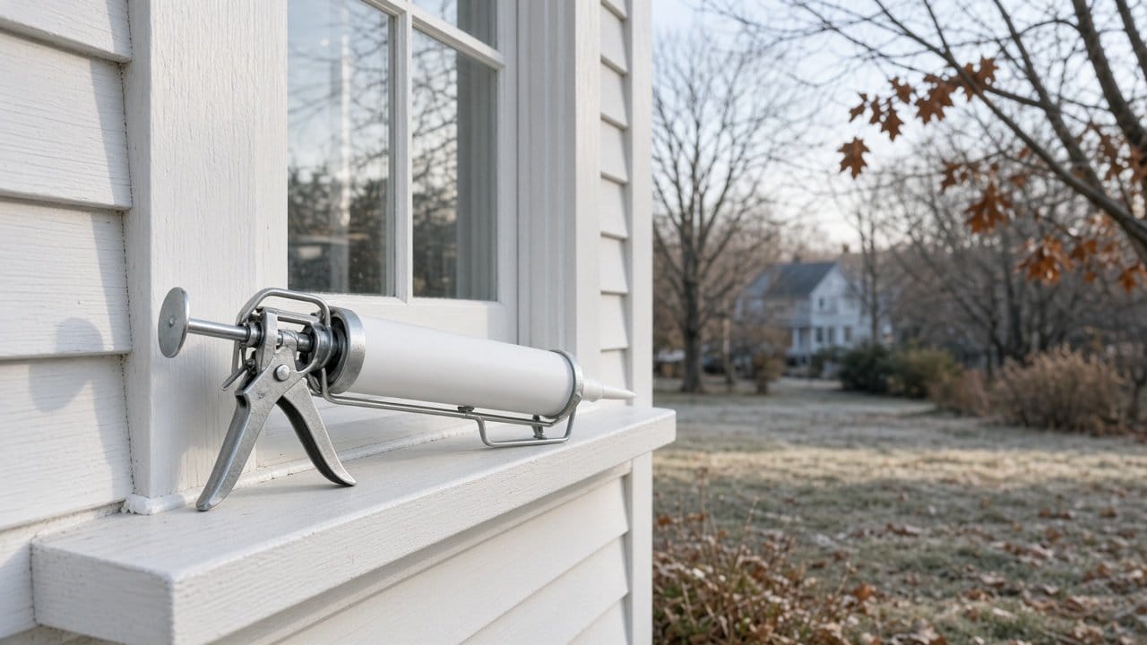 Caulk gun resting on a painted window sill of a New England colonial on a cold late fall day