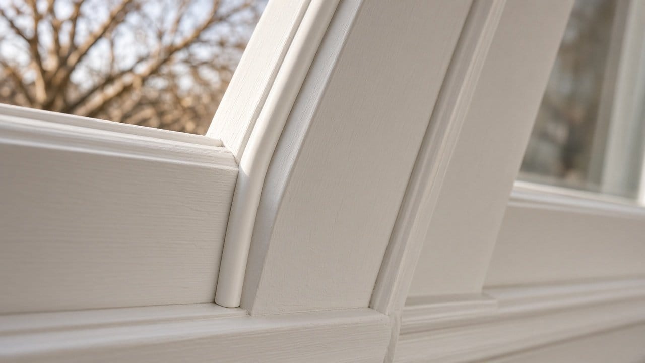 Fresh white sealant bead along a painted window casing on a Massachusetts colonial in late fall light