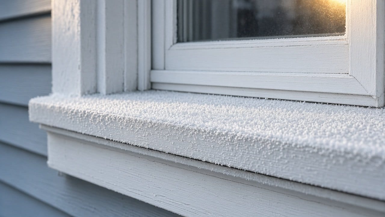 Light frost on white window trim and sill of a MetroWest Boston house on a cold November morning