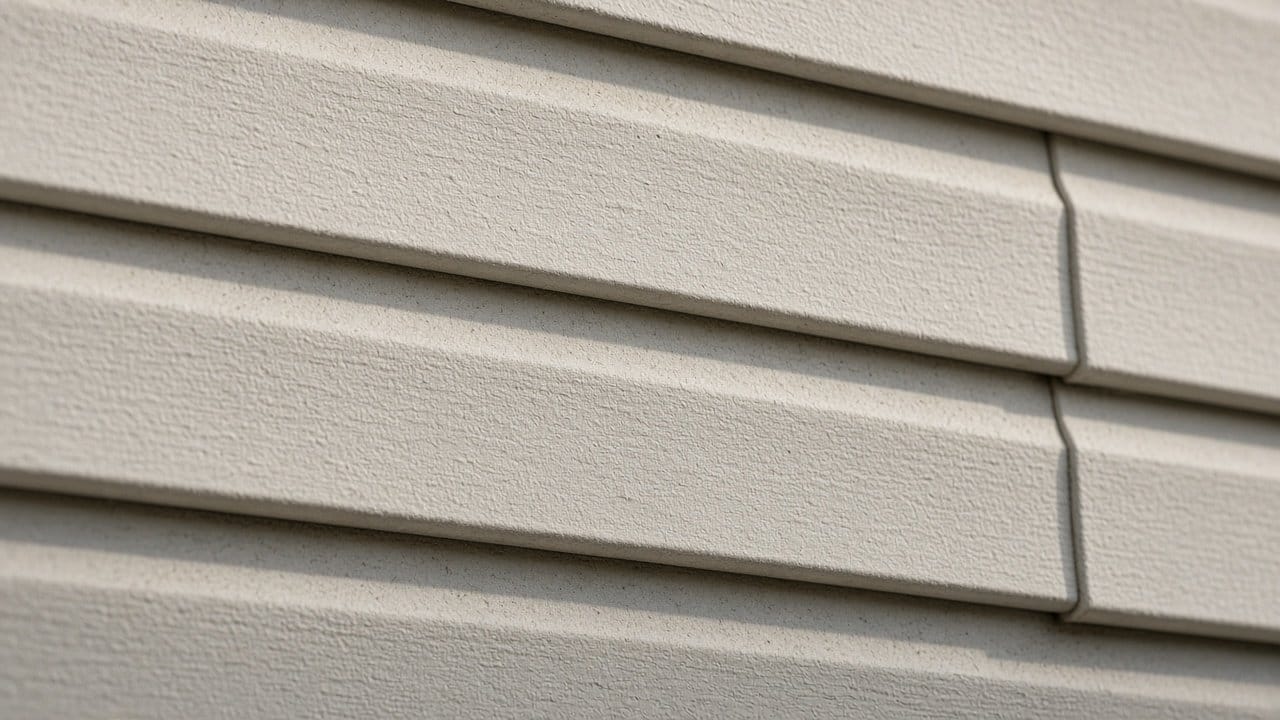Close view of chalked vinyl siding courses on a New England home with the lock and butt joint still sound