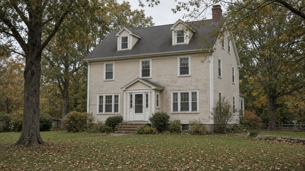 Faded chalked siding on a MetroWest Massachusetts colonial in October light, sound but tired