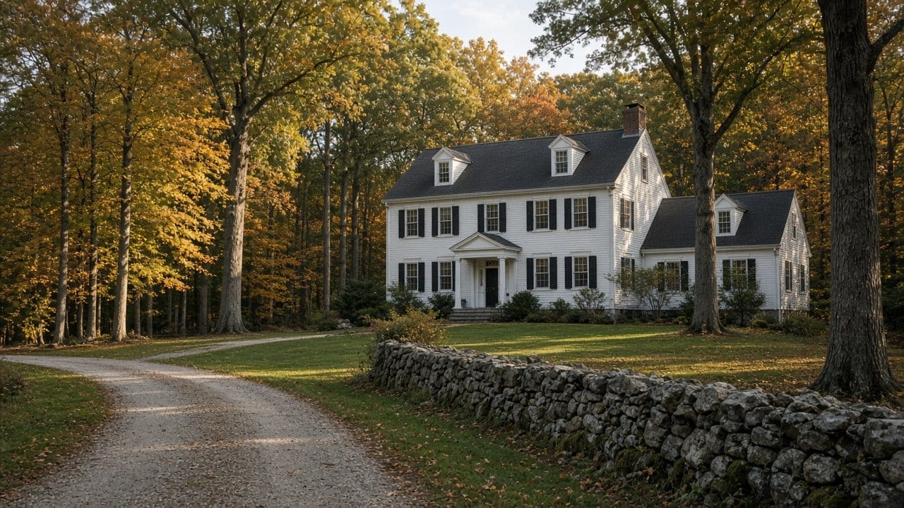 Large white colonial home on a wooded lot in Dover, MA under clear October light