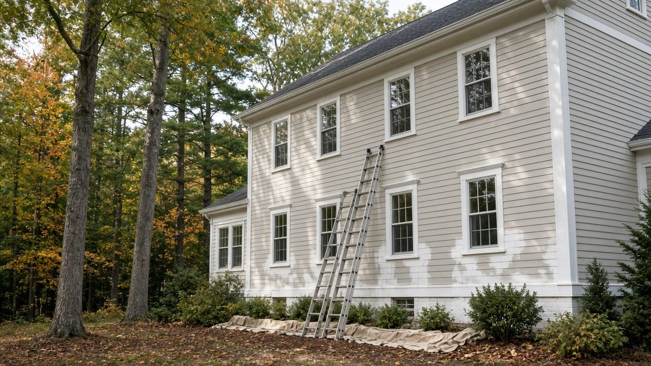 One side of a large Dover, MA home staged for exterior painting with ladders and drop cloths