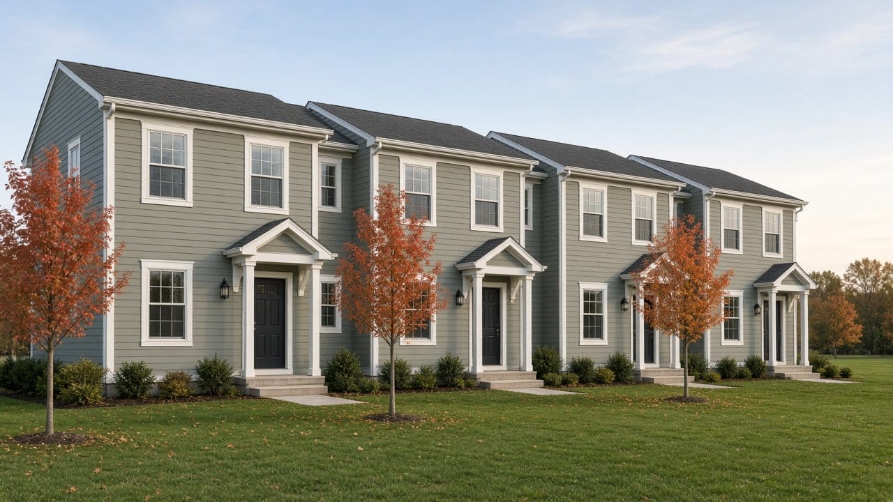 Row of New England townhouse condominiums with matching painted trim and doors in a Massachusetts complex