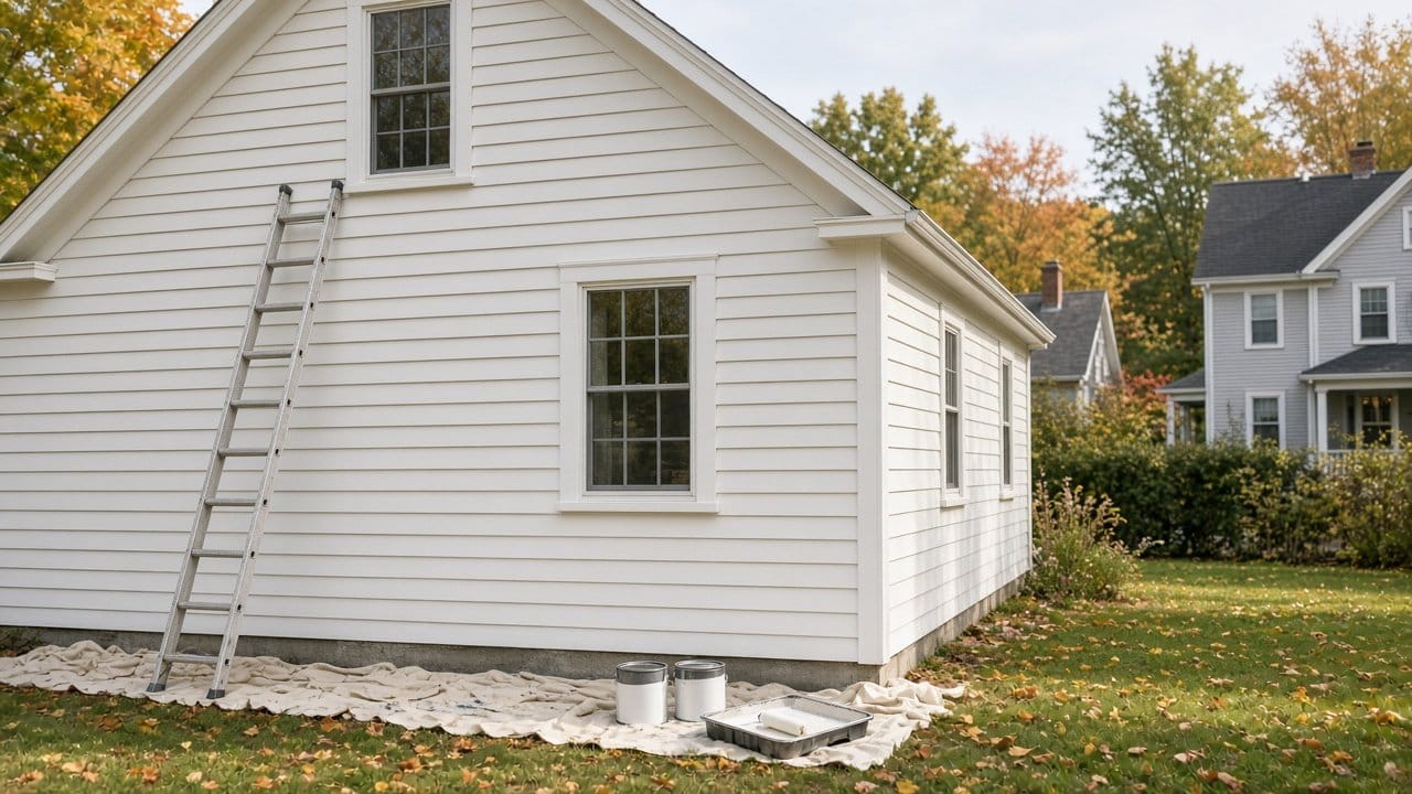 White colonial mid exterior repaint with ladder and drop cloths in a Massachusetts neighborhood in fall