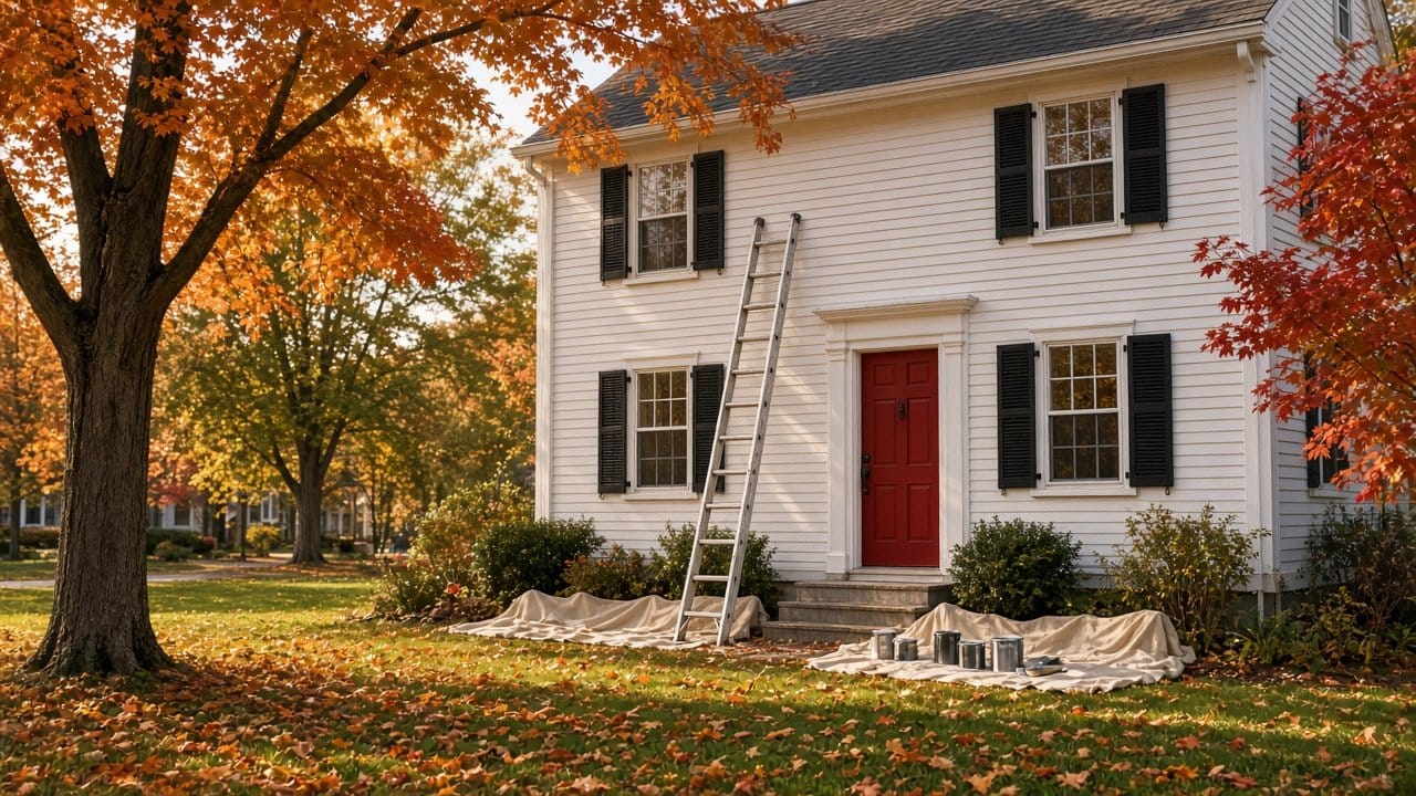 White New England colonial mid exterior repaint with ladder and drop cloths on a Massachusetts street in fall