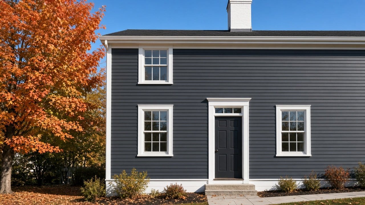 Charcoal painted siding on a New England home with white trim under bright autumn sun