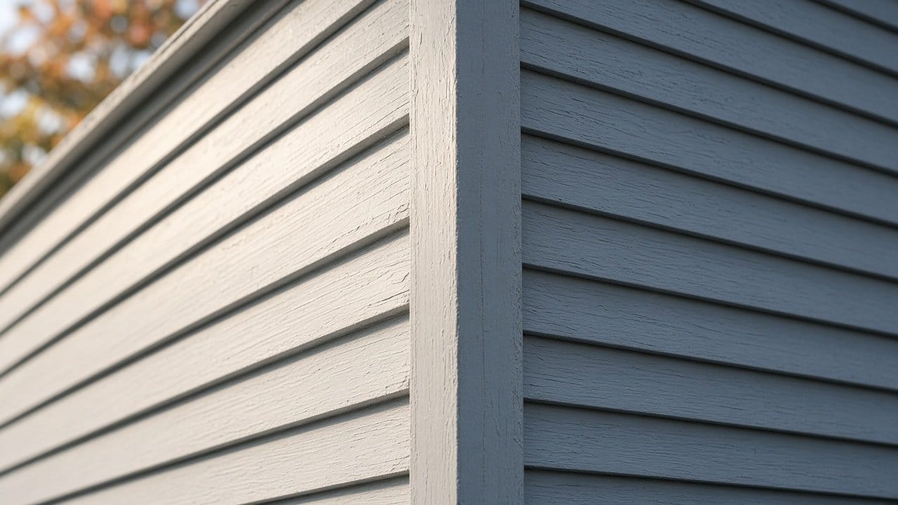 Sunlit and shaded elevations meeting at a corner board on a Massachusetts house, color difference visible