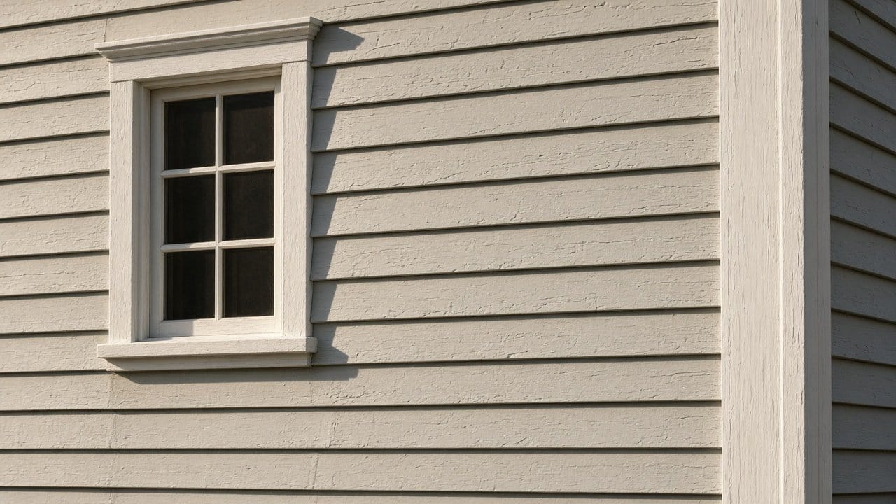 South-facing New England clapboard wall in strong October light showing even light gray finish