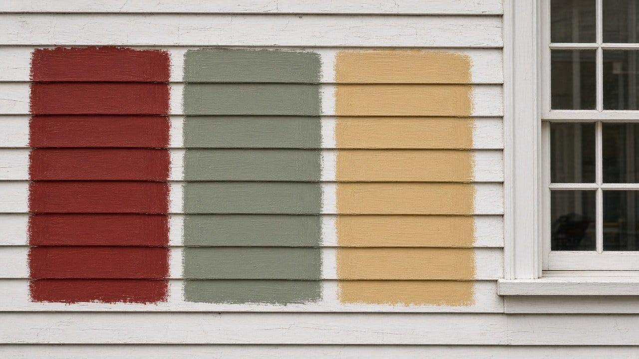 Painted color samples on white clapboard beside window trim on an antique house in Foxborough, MA
