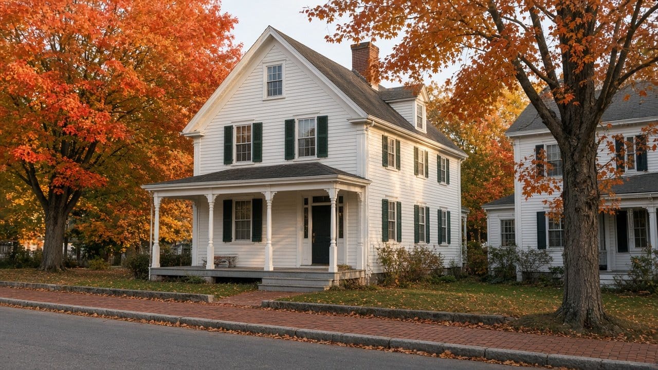 Antique clapboard house on a quiet Foxborough, MA street in a local historic district on an October morning