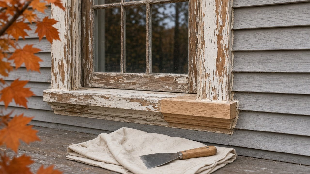 Peeling window trim with a new wood sill piece on an antique clapboard house in Foxborough, MA
