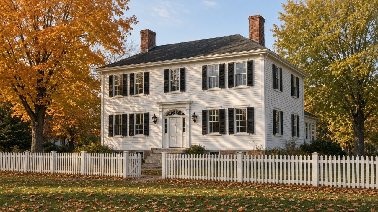Federal style colonial in Hopkinton MA historic district on an autumn morning, white clapboard and black shutters