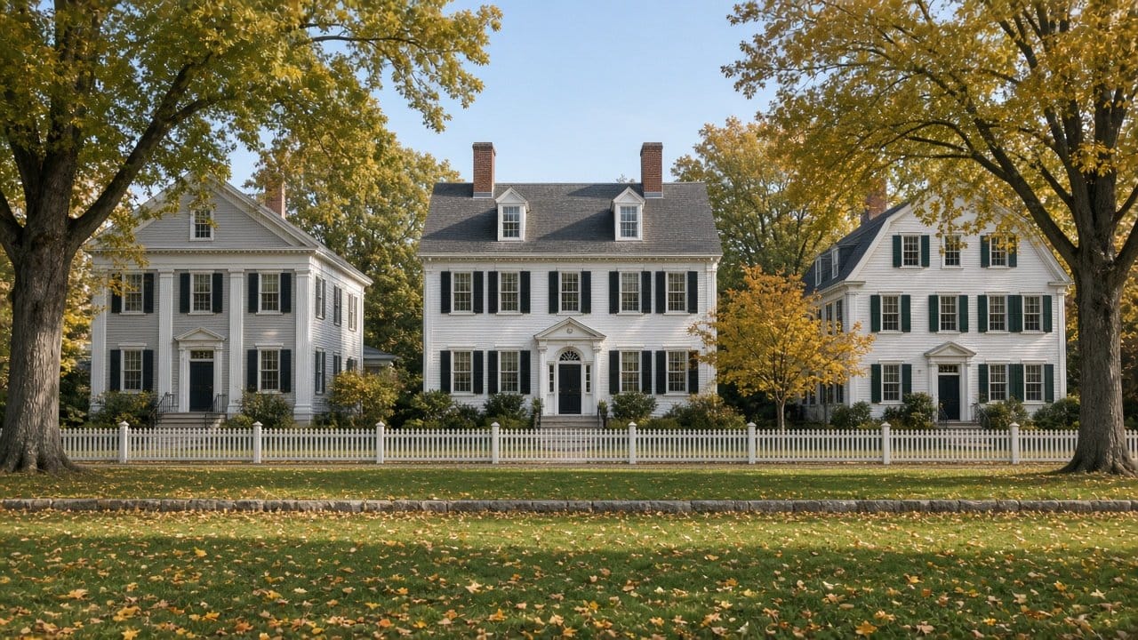 White Federal style house with black shutters facing a New England town common, Hopkinton historic district