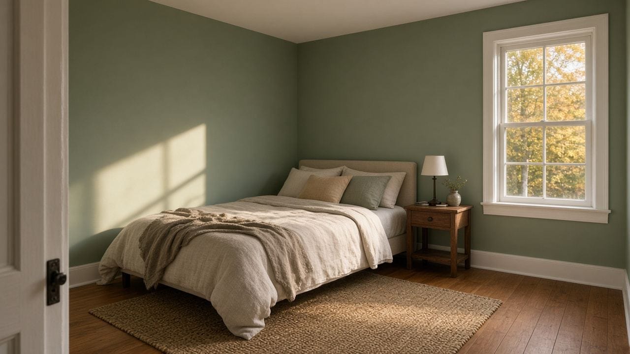 Freshly painted 12x12 bedroom walls with white trim in a Massachusetts colonial on a fall afternoon