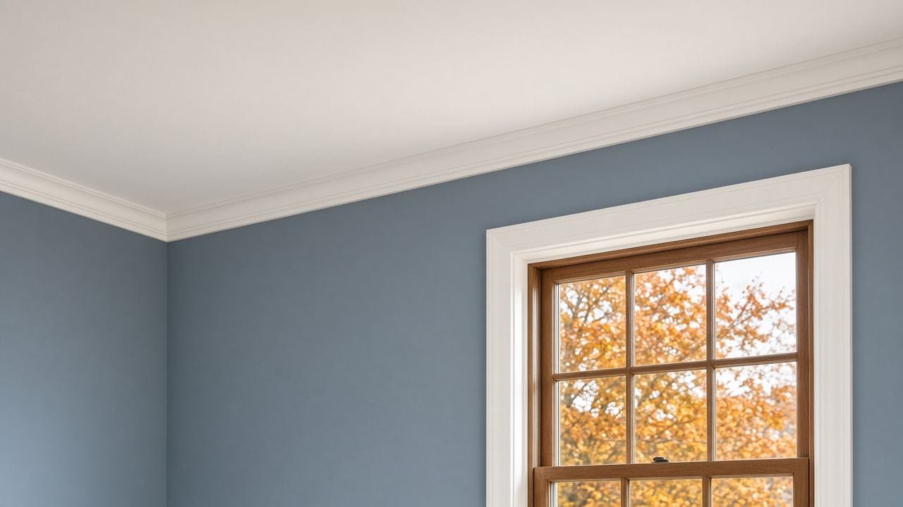 Freshly painted ceiling, crown moulding and window trim in a MetroWest Massachusetts living room