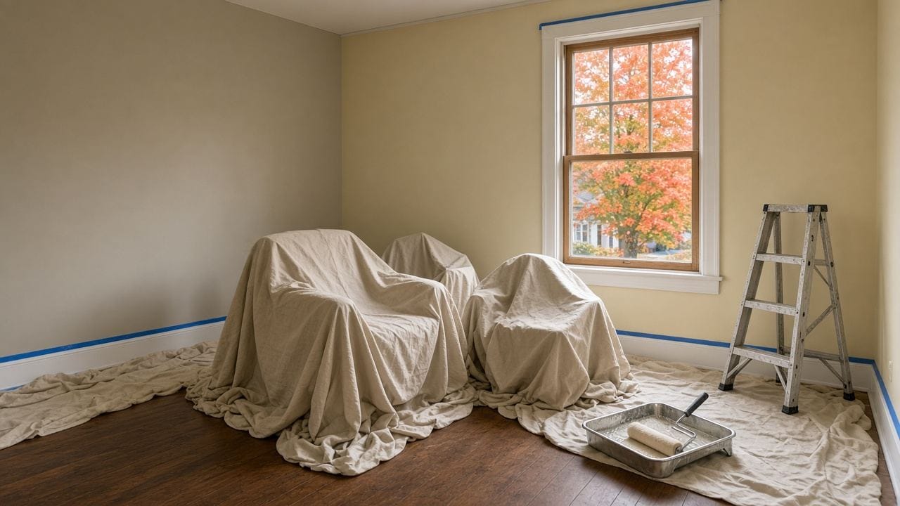 Bedroom mid repaint with drop cloths and a roller tray in an older Massachusetts home on a fall morning
