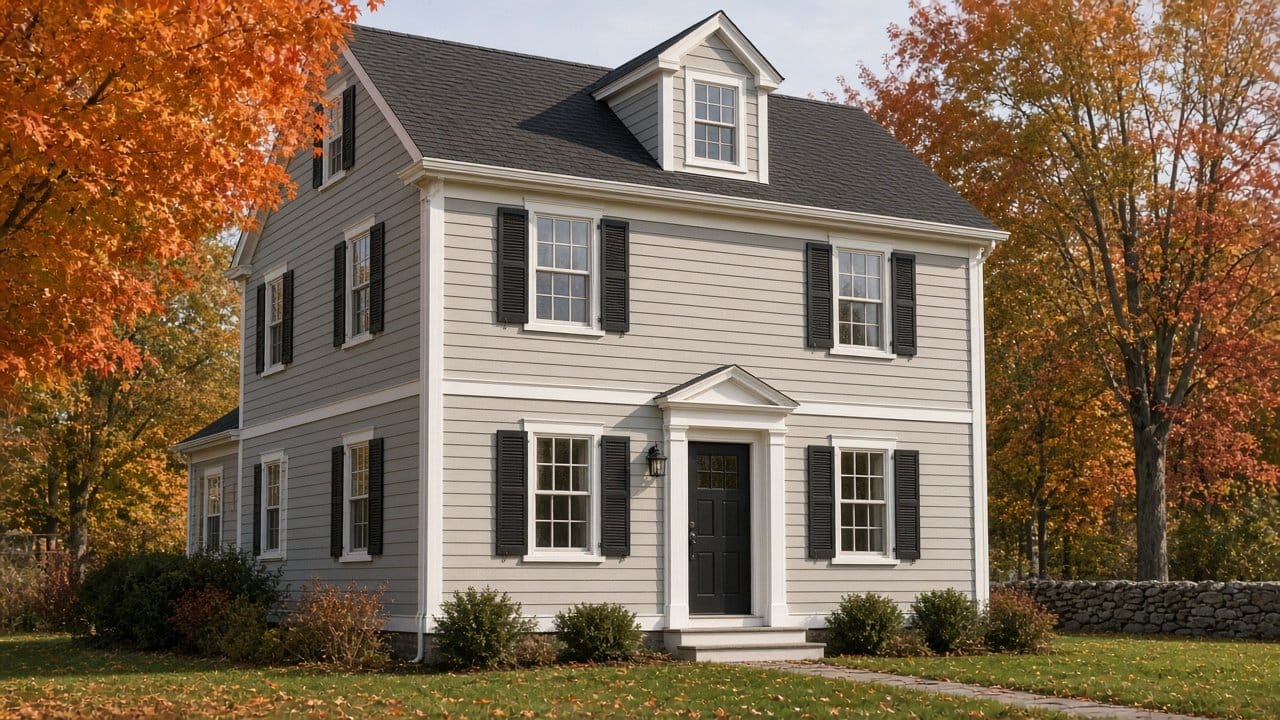 Fiber cement lap siding on a New England colonial in October light, crisp shadow lines, white trim