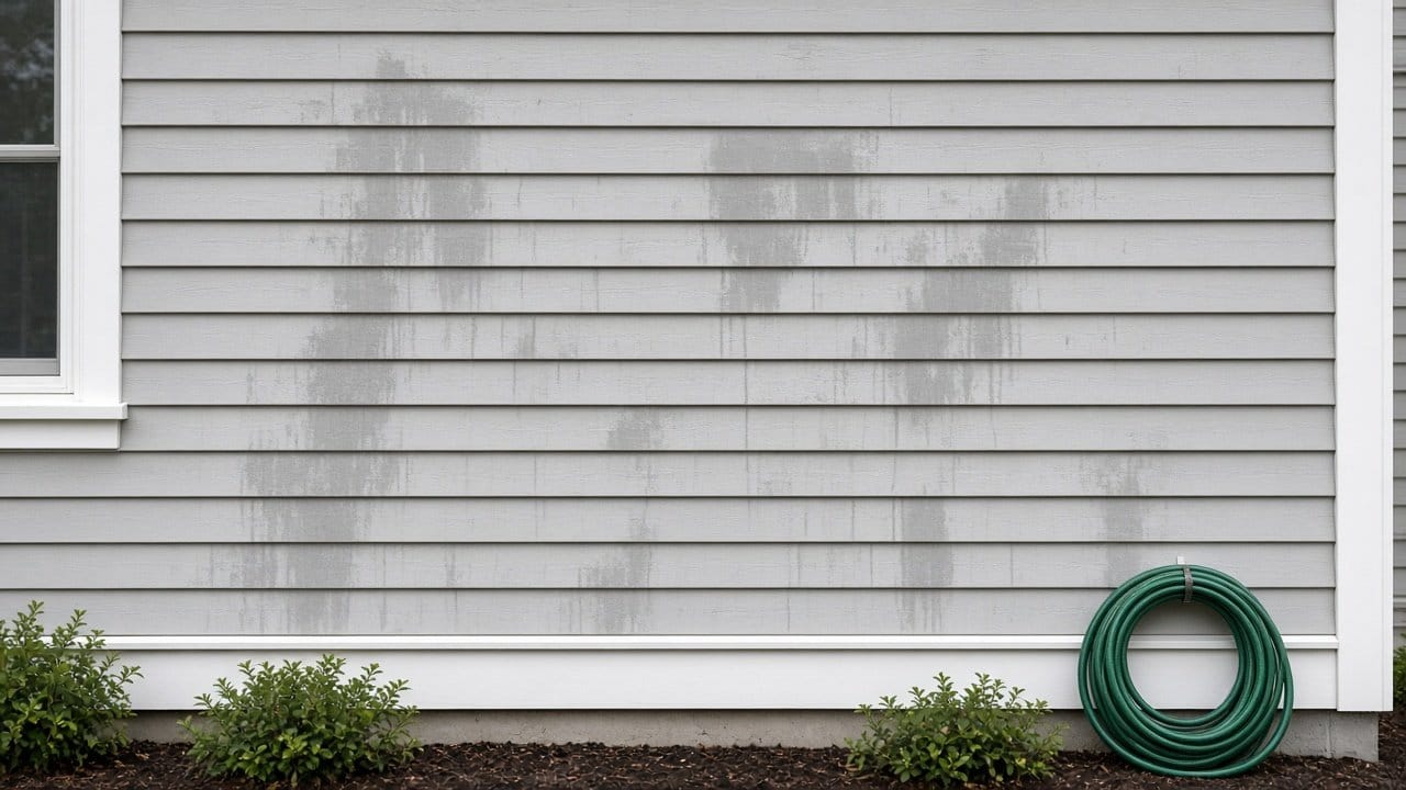 Freshly washed fiber cement siding wall drying on a MetroWest Massachusetts home before painting