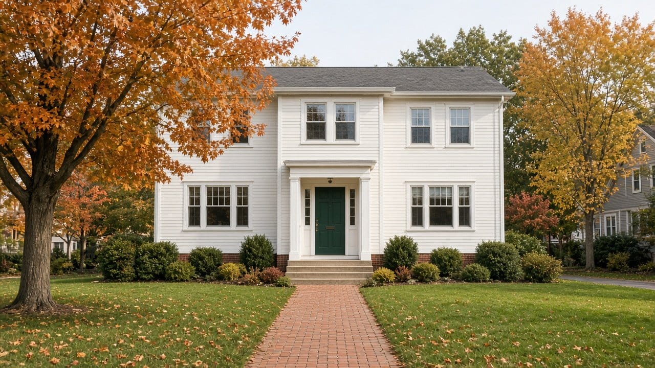 Pre-1978 colonial home in MetroWest Boston with a freshly painted front entry in October light
