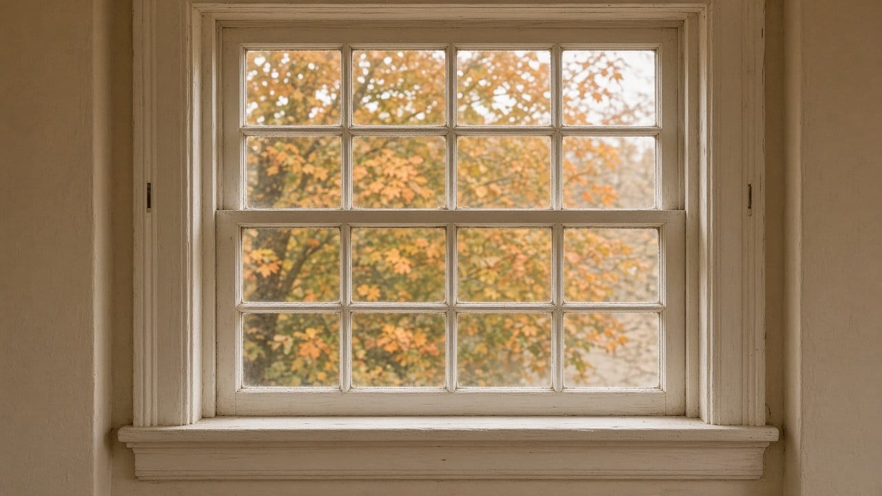 Old painted double-hung window sash and sill in a pre-1978 MetroWest Boston colonial interior