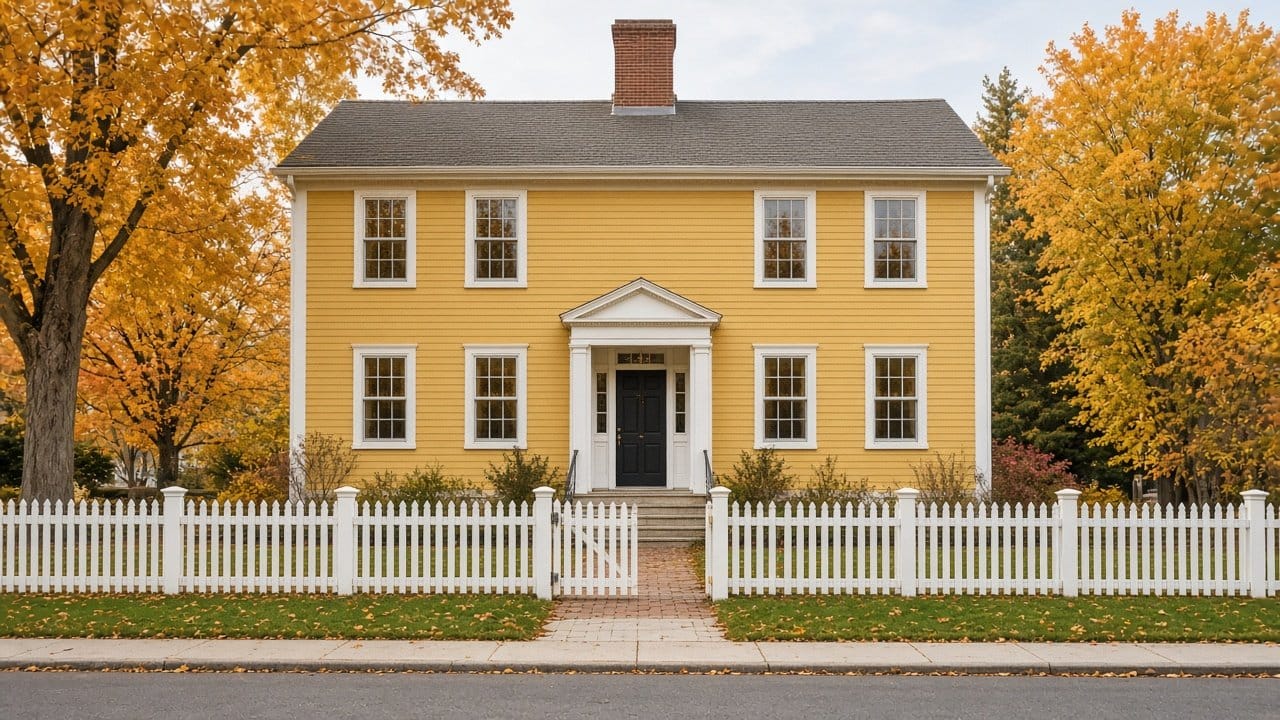 Antique center-entrance colonial with fresh white trim on a historic Medfield, MA street in fall