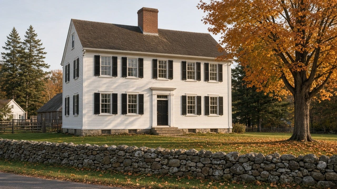 Antique white colonial with dark shutters on a historic street in Medfield, MA in autumn light