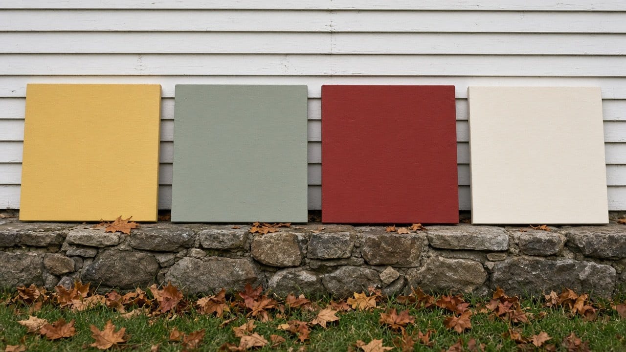 Painted color sample boards leaning on a clapboard wall of an older Medfield, MA home