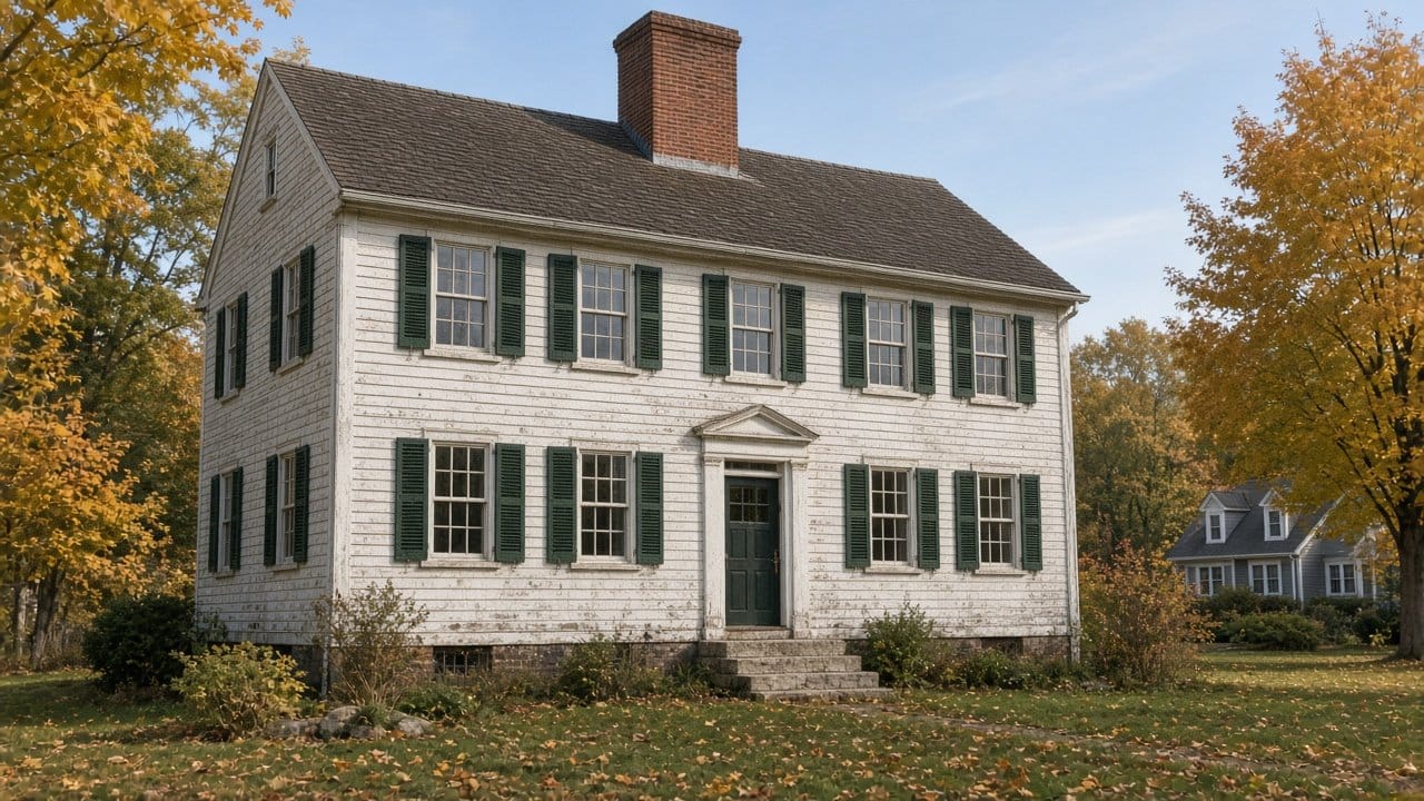 18th century center chimney colonial with weathered clapboard in Needham MA on an autumn afternoon