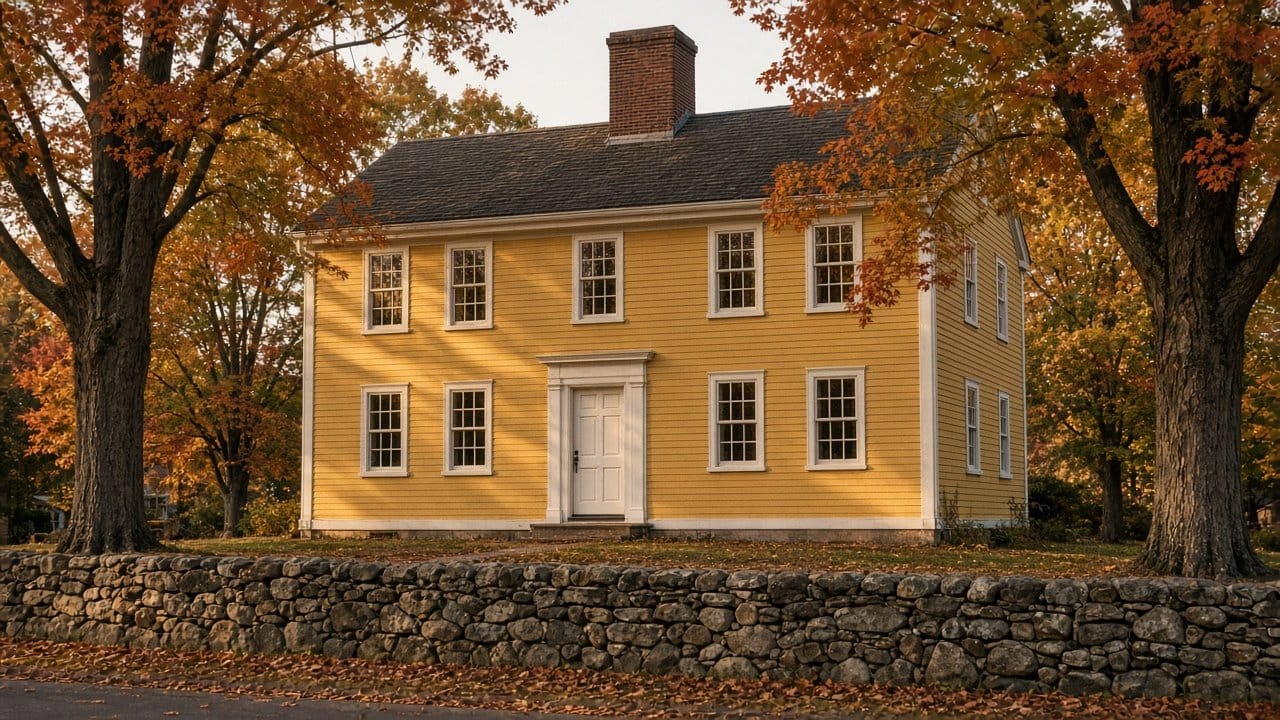 Historic center chimney colonial in Needham MA with weathered clapboard and fall maples, late afternoon