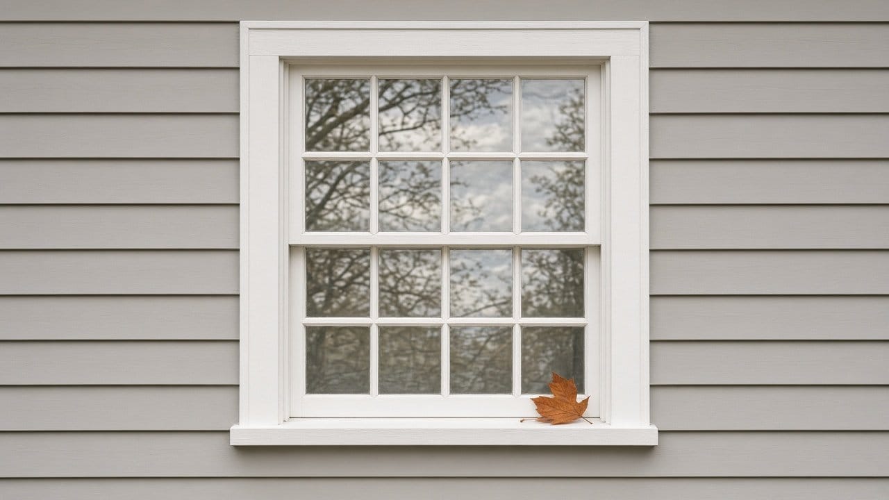 Freshly painted wood window trim and clapboard on an older Needham MA colonial in soft autumn light
