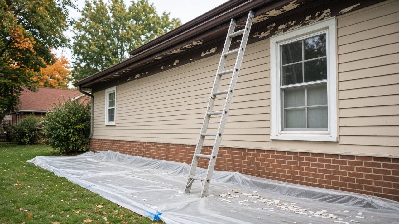 Plastic ground sheeting below painted trim during exterior prep on a Massachusetts ranch house