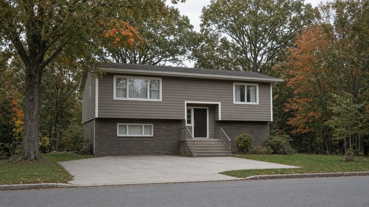1970s split-level home with painted wood trim on a quiet Bellingham, MA street in early fall