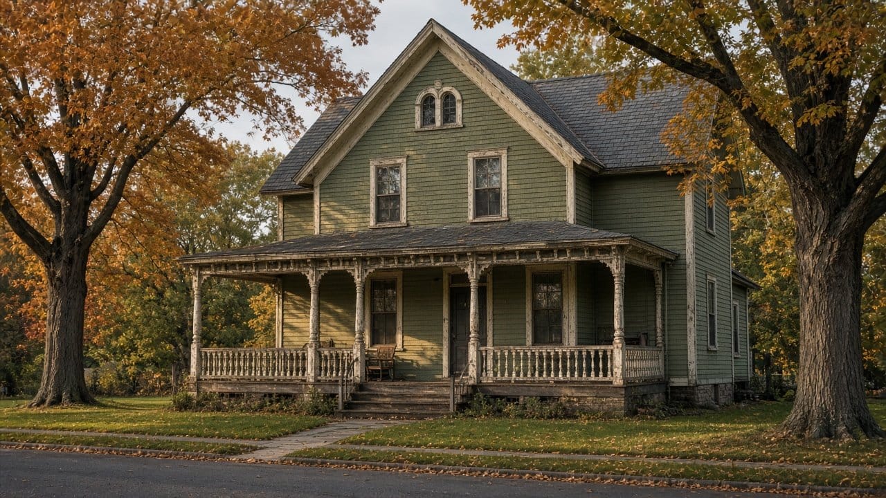 Late 1800s clapboard house with a painted porch in East Walpole, MA near the Neponset River in fall