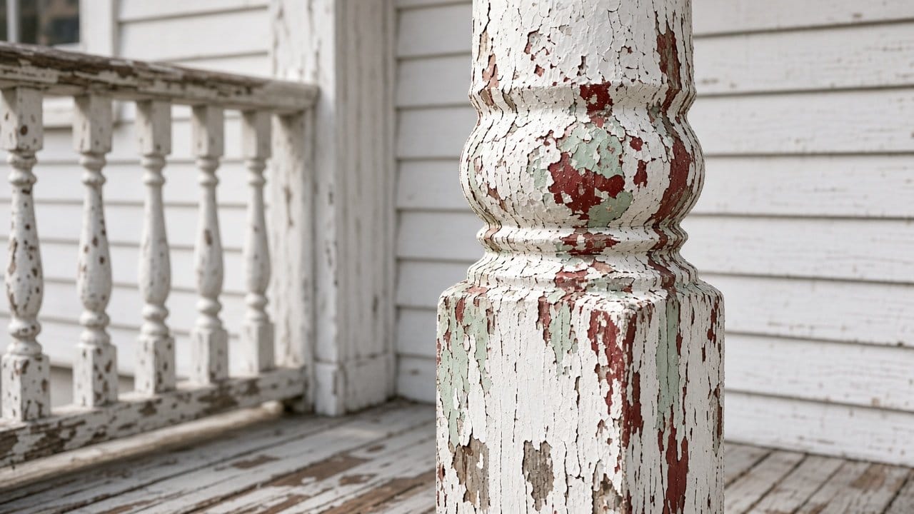 Layered old paint on a turned porch post and railing of an older house in Walpole, Massachusetts