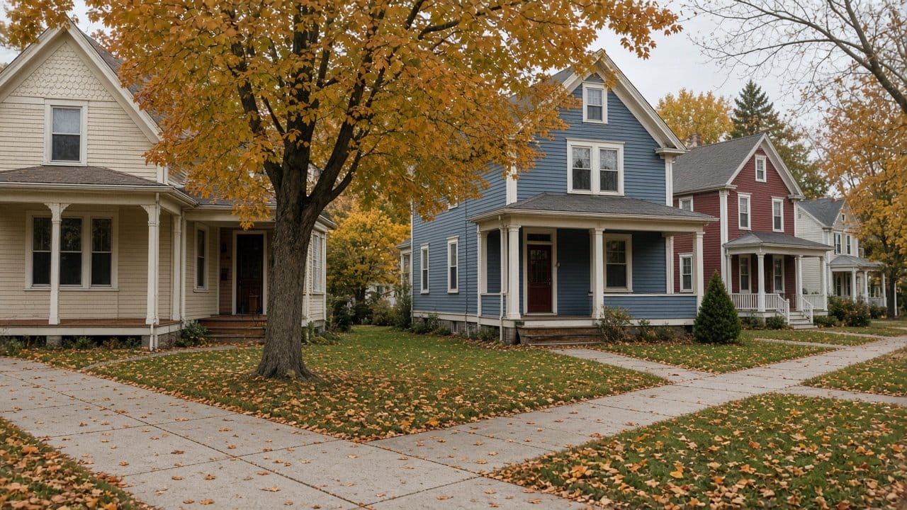 Late 1800s clapboard houses with painted porches on a quiet East Walpole, MA street in fall